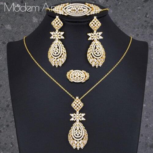 ModemAngel Luxury Water Drop Necklace Bracelet Earring Ring Jewelry Sets For Women Wedding Indian Dubai Bridal Jewelry Set