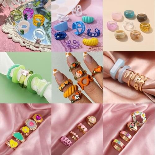 17KM Bohemian Transparent Resin Acrylic Rings Set For Women Colorful Geometric Heart Metal Rings Travel Gifts Jewelry