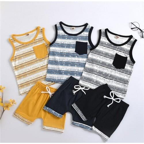Summer Casual Kids Baby Boys 2-piece Outfit Set Striped Sleeveless Striped Print Tops+Shorts Set for Children Toddler Boys