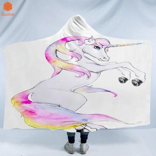 3D Printed Fashion Pink Unicorn Hooded Throw Blanket for Adults Children Horse Gothic Sherpa Fleece Wearable Bedding Bed Sofa