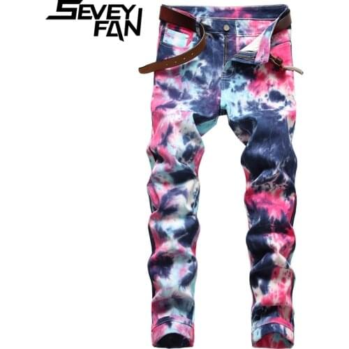 SEVEYFAN 2021 Mens Fashion Tie Dye Printed Jeans Plus Size 40 Elastic Straight Fit Denim Pants