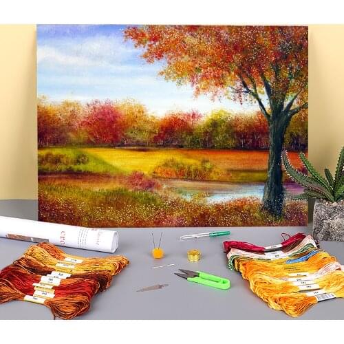 Natural Scenery Der Pre-Printed 11CT Cross-Stitch Embroidery Kit DMC Threads Painting Handiwork Handmade Craft Magic Design