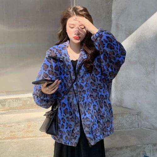 Hstar Winter Oversized Colorful Leopard Print Faux Fur Coat Women Long Sleeve Zip Up Warm Soft Fluffy Jacket Korean Fashion
