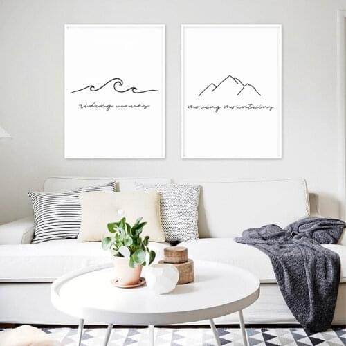 Waves and Mountains Fine Line Print Modern Wall Art Posters Canvas Painting Minimalism Pictures for Living Room Home Decor