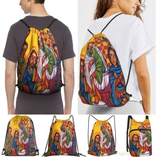 Print Men Ethiopian Orthodox Christian Icon Christ Washing Feet Men Travel Sports Gym Bag Women Backpack Drawstring Bags