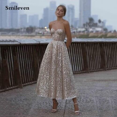 Smileven New Glitter Short Evening Dresses A Line Sweetheart Backless Ankle Length Prom Gowns Shiny 2021 Party Formal Dress