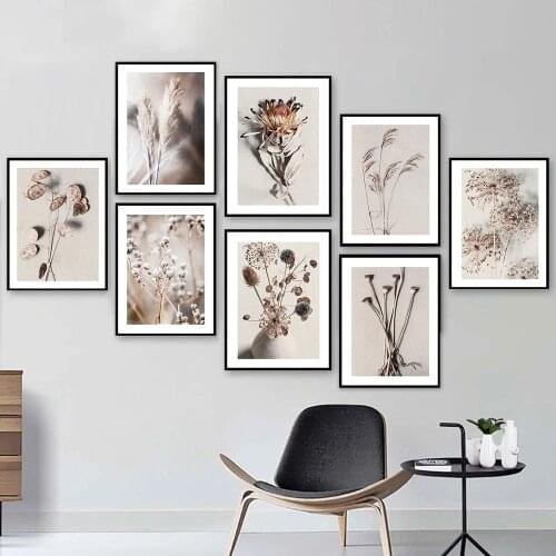 Dried Plants and Flowers on Beige Stone Background Poster and Prints on The Wall Botanical Prints Home Decor Wall Art Decoration
