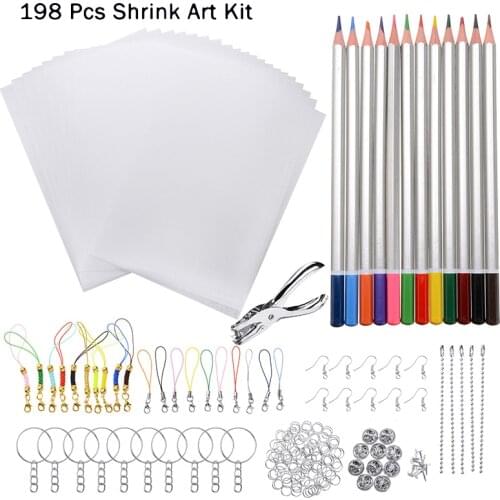 145/198 Pcs Shrinky Art Paper Heat Shrink Sheet Plastic Kit Hole Punch Keychains Pencils DIY Color Lead Manual Heat Shrink Sheet