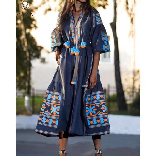 VAZN 2021 Top Quality Plus Size Europe And America Indie Folk Young Holiday Half Sleeve Women Loose Nature Free Maxi Dress