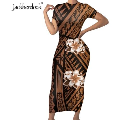 Jackherelook Vintage Elegant Pencil Dress for Womens Samoan Polynesian Tribal Hibiscus Print Ladies Short Sleeve Boducon Dresses