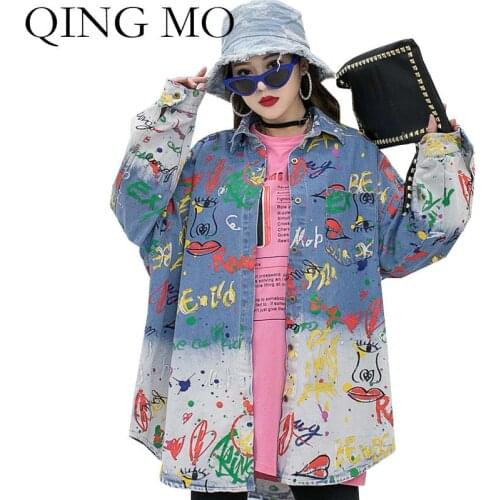 QING MO Women Denim Coat 2021 Spring Autumn Women Letter Graffiti Coat Female Personality Jacket Outwear Irregular ZQY6522