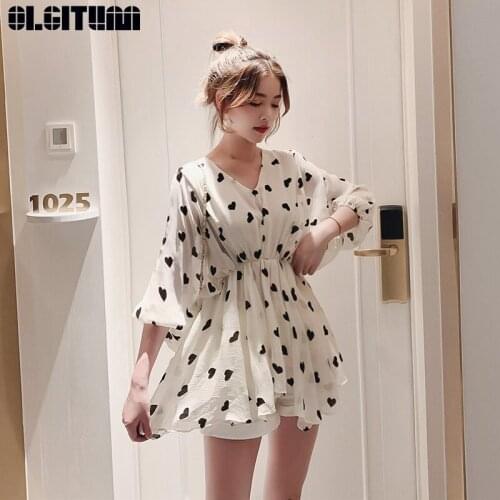 Chiffon Shirt Female Spring and Summer 2020 New Sweet Slim Pretty Patriotic Bat Sleeve Love Print V-neck Waist Shirt BS397