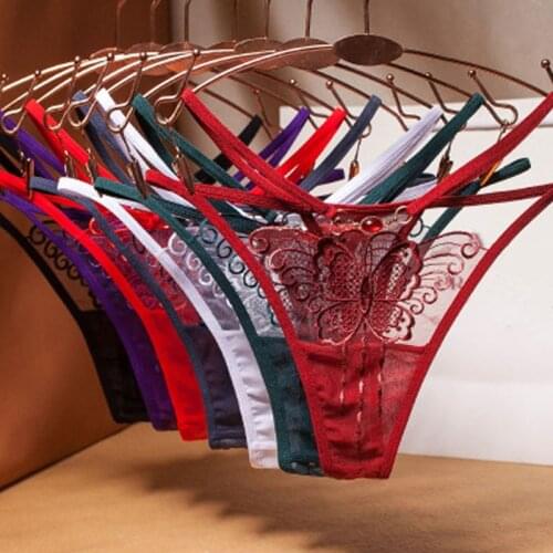 Ladies Low Waist G-String Briefs Seamless Panties Lingerie Sexy Women Nightwear Transparent Lace Butterfly Beading Thongs