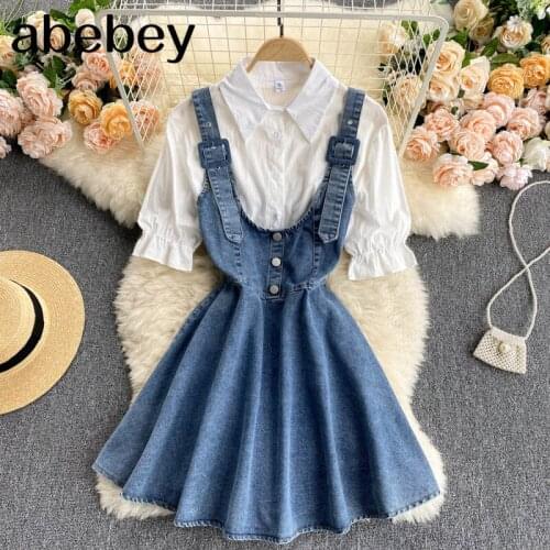 Women Summer Design Set Blouse+Sexy Off Shoulder A Line Strap Denim Dress Two Pieces Set 2021