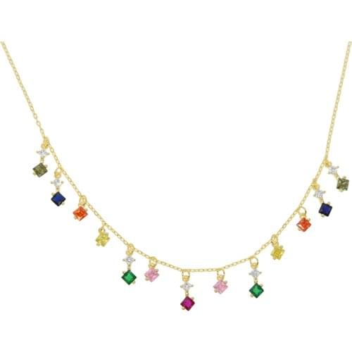 2021 colourful rainbow Lovely square CZ Gold chain Necklace for women party delicate jewelry classic engagement Tassel Choker