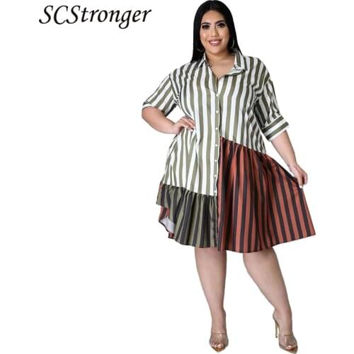 SCSTRONGER Summer Plus Size Womens Shirt Dress Multicolor Mosaic Striped Pleated Skirt Vestidos Elegantes Para Mujer 2021