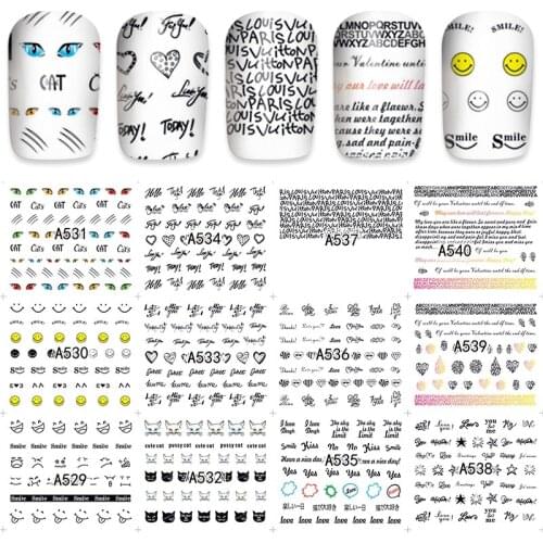 12sheets water decal nail art nail sticker Decorations slider tattoo full Cover beauty cat English alphabet design decals A540