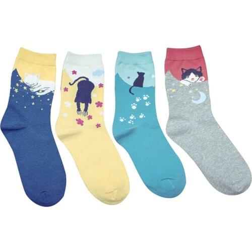 5 Pairs/lot Women Socks Multicolor Cute Cat Kawaii Animal Design Womens Casual Cotton Crew Socks Christmas Sock Meias Hosiery