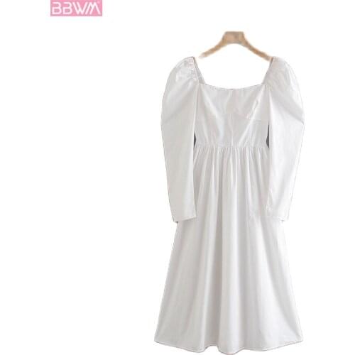 White Square Neck Puff Sleeve Ladies Dress Western Style Was Thin Long Skirt Vintage Midi Chic Female Dresses