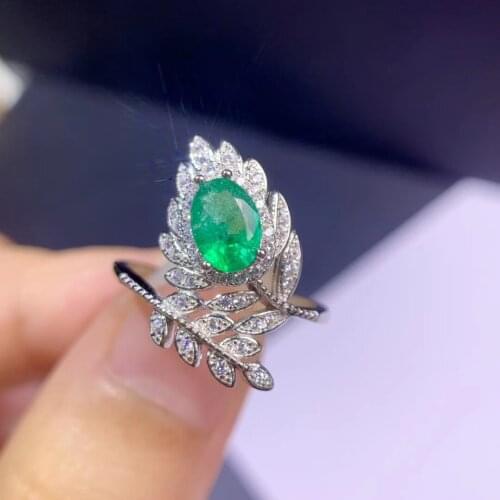 CoLife Jewelry Fashion Silver Leaf Ring with Emerald 5mm*7mm Natural Emerald Ring for Party 925 Silver Emerald Jewelry