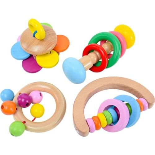Wood Rattle Baby Toys Newbron Bed Mobile Toy Handbell Musical Educational Instrument Toddler Teether Rattles Baby Toy 0-12 Month