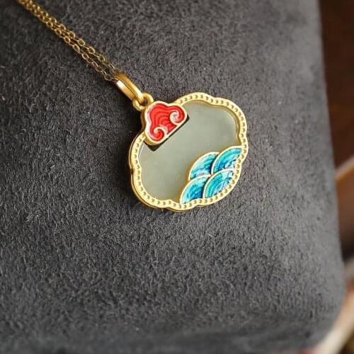 Natural Hetian Jade Necklace for Women Ruyi Safety Lock Long Life Jade Lock Natural Jade Pendant Womens Enamel Antique Jewelry