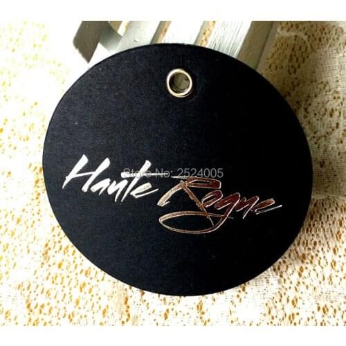 Customized clothing hang tag/garment black matte paper tags/cardboard paper tag with silver embossed logo/round label printing