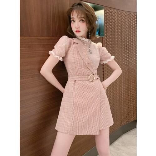 Lace stitching plaid suit lapel wide-legged jumpsuits new summer