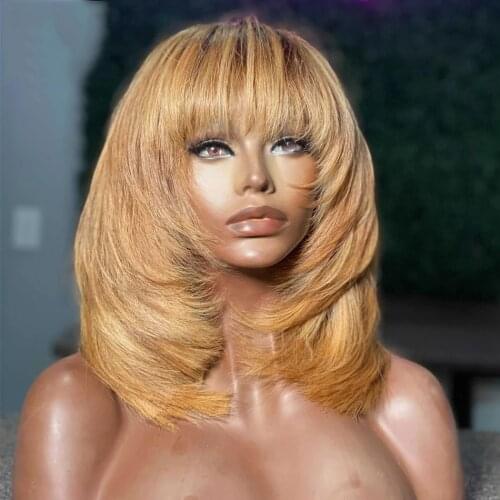 Honey Blonde Ombre Bob Lace Front Wig 100%Human Hair Wigs Layer Cut #27 Brazilian Remy Short Bob Wig With Bangs For Black Women