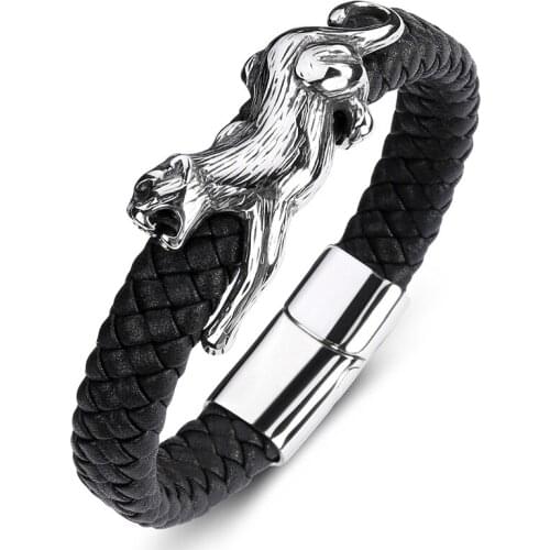 ZAER Mens Bracelet Punk Stainless Steel Leopard Creative Matching Mens Leather Braided Bracelet Custom Laser Size Jewelry