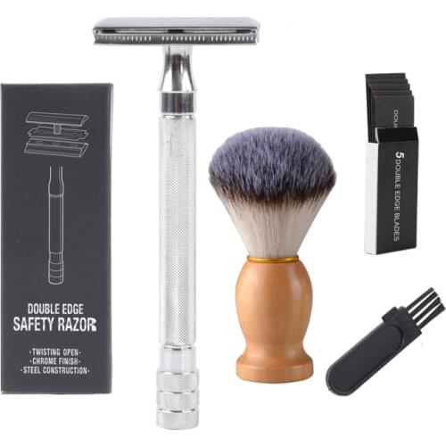 1 Set Mens Shaving kit Razor kit Classic Safety Shaving Razor+Beard Brush with Wooden Handle + 1 Box of Blades For Man Men