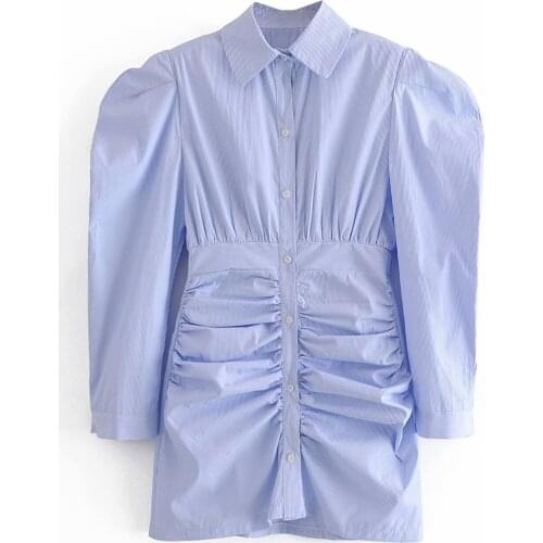 2020 Winter New Womens European and American Style Temperament Joker Striped Bubble Sleeve Pleat Zou Dress SG0070