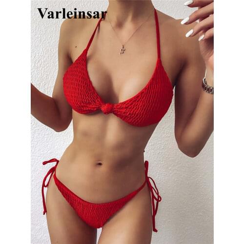 Sexy 2021 Red Padded Wrinkled Bikini Female Swimsuit Women Swimwear Two-pieces Bikini set Bather Bathing Suit Swim Lady V2243