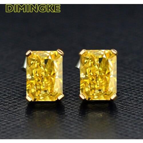 DIMINGKE 5*7MM Rectangle Yellow Super Flash High Carbon Diamond Stud Earrings 100% 925 Sterling Silver Jewelry Party Lover Gift