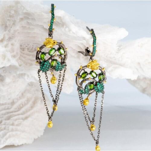 GEMS BALLET Natural Chrome Diopside Earrings for Women Jewelry 925 Sterling Silver Branch Dreamcatcher Tassel Drop Earrings