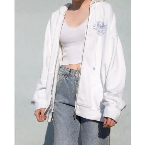 2021 Womens Solid Color Full Oversize Zip Hoodies Casual Long Sleeve Little Angel Print Oversized Sweatshirts