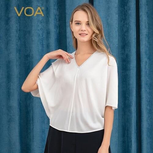 VOA 25m/m Silk Blue-bristled V-neck Edgy Sleeves A Simple O-shaped White Bat T-shirt B9015 Harajuku T Shirt Tshirt Women Tops