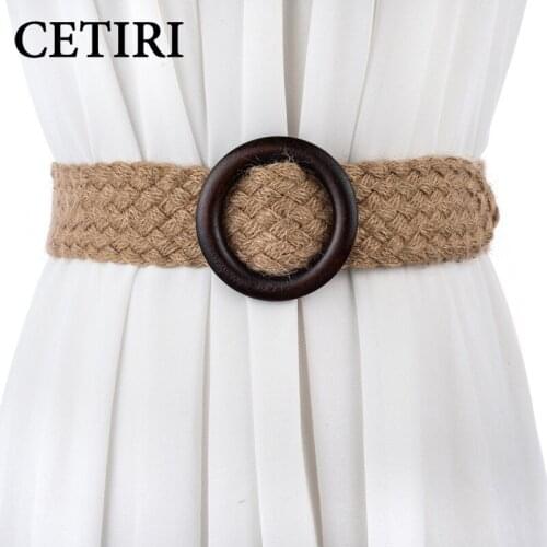 New Vintage Knitted Wax Rope Wooden Bead Smooth Buckle Waist Belt For Dress Woman Woven Female Braided Belt Accessories