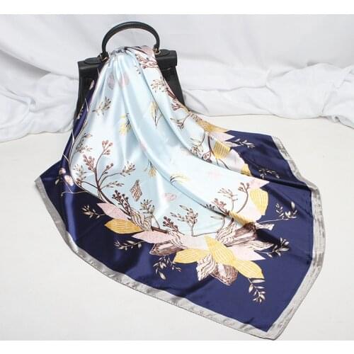 Fashion Silk Satin Hijab Scarf For Women Floral Print Kercheif Head Scarfs 90*90cm Square Shawls Neck Scarves For Ladies Spring