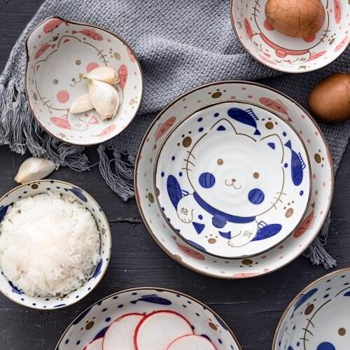 1pc Cute Ceramic Cat Dish Japanese Kitten Design Dinnerware Rice Noodle Bowl Dinner Plate Sauce Dish 4.5/5.5/6.5/7 Inch Dish Set