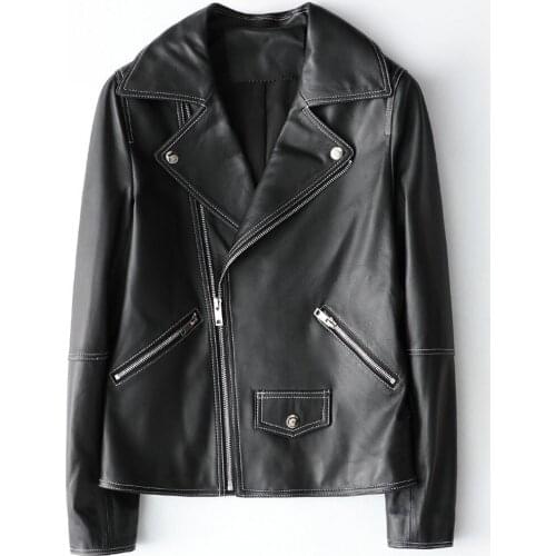 2020 New Style Real Leather Women Sheepskin Short Motorcycle Jacket Fall Winter Coat