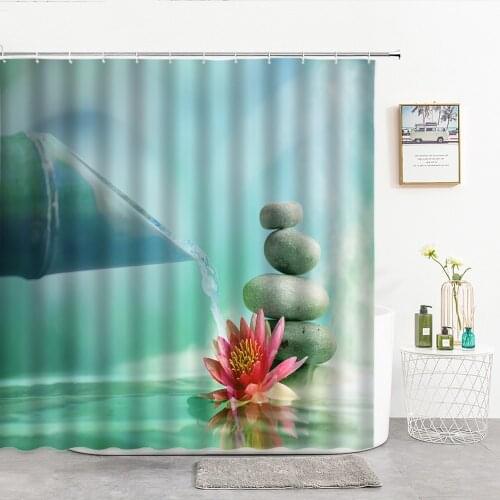 Zen Bamboo Running Water Lotu Stone Tower Shower Curtains Natural Scenery Bathroom Curtain Home Art Decor Wall Bathroom Products