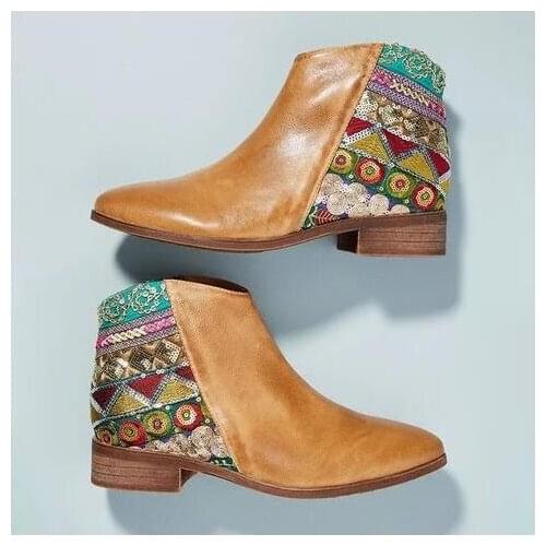 New style ladies embroidered low heel ladies boots flocking leather zipper retro style short boots women shoes