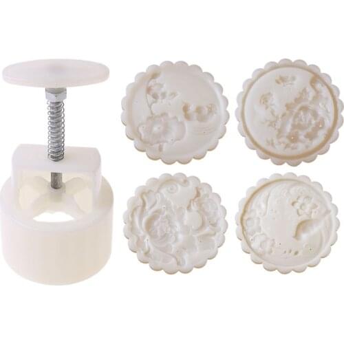 2021 New 150g Mooncake Mold with 4pcs Flowers Stamps Hand Press Moon Cake Pastry Mould DIY Bakeware Mid-autumn Festival
