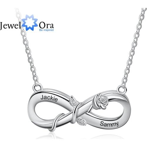 JewelOra Personalized Engrave 2 Names Rose Flower Pendant Customzied Infinity Love Chain Necklace Valentines Gift for Girlfriend