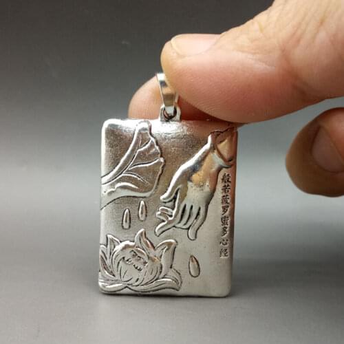 Collectable Tibet Silver Hand Carved Wisdom Heart Sutra Jackfruit Pattern Amulet Statues for Decoration Collection