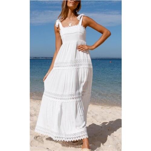 Ladies Temperament Holiday Beach Suspender Dress Women Solid Color Summer Lace Splicing Sleeveless Wide Strap Long Dress