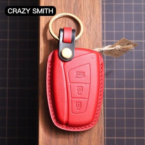 Crazy Smith Handmade Car Key Leather Cover for Hyundai New Santa Fe/IX45 Vegetable Tanned Leather High Quality Craftsmanship Red