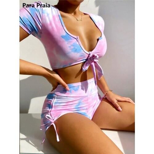 Para Praia Short Sleeve Swimsuit Women High Waist Bikini 2021 Drawstring Bikinis Set Tie Dye Bathing Suit Sexy Bandage Swimwear