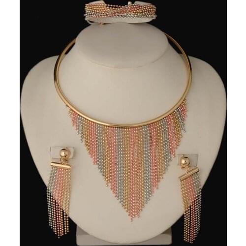 Dubai gold necklace earrings collection fashion Nigeria wedding African pearl jewelry collection Italian womens jewelry set